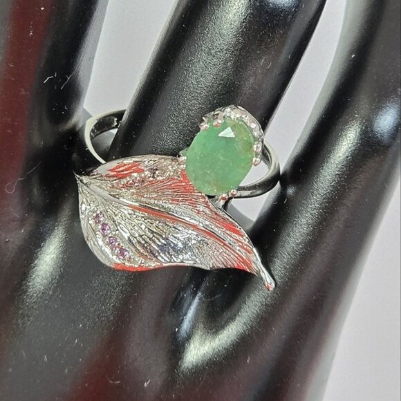 925 Sterling Silver Leaf Ring Sz 8 with Naural Emerald & Garnet Gemstone - Picture 8 of 13